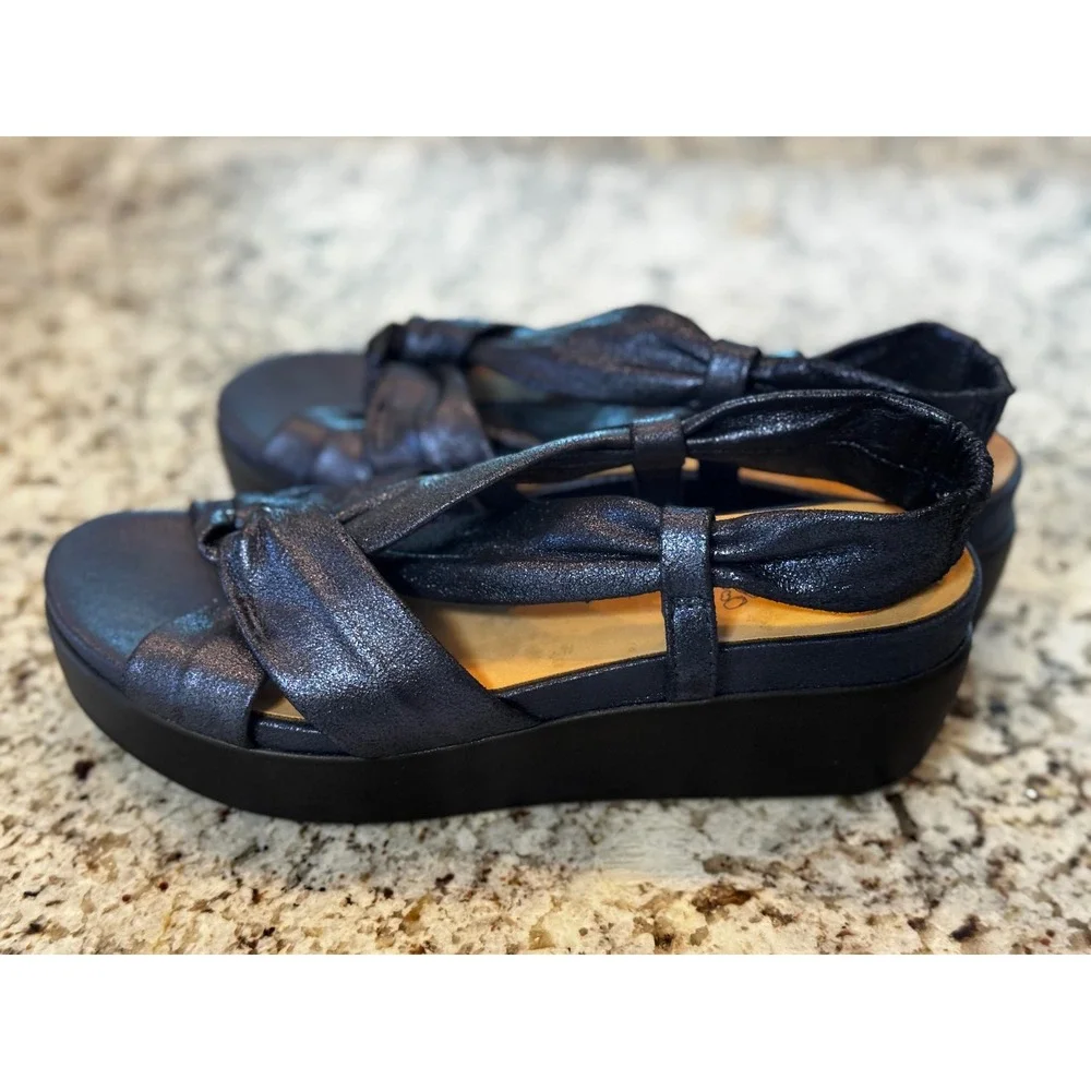 Naked Feet Navy Blue Metallic Knot Platform Wedge Slingback Sandals